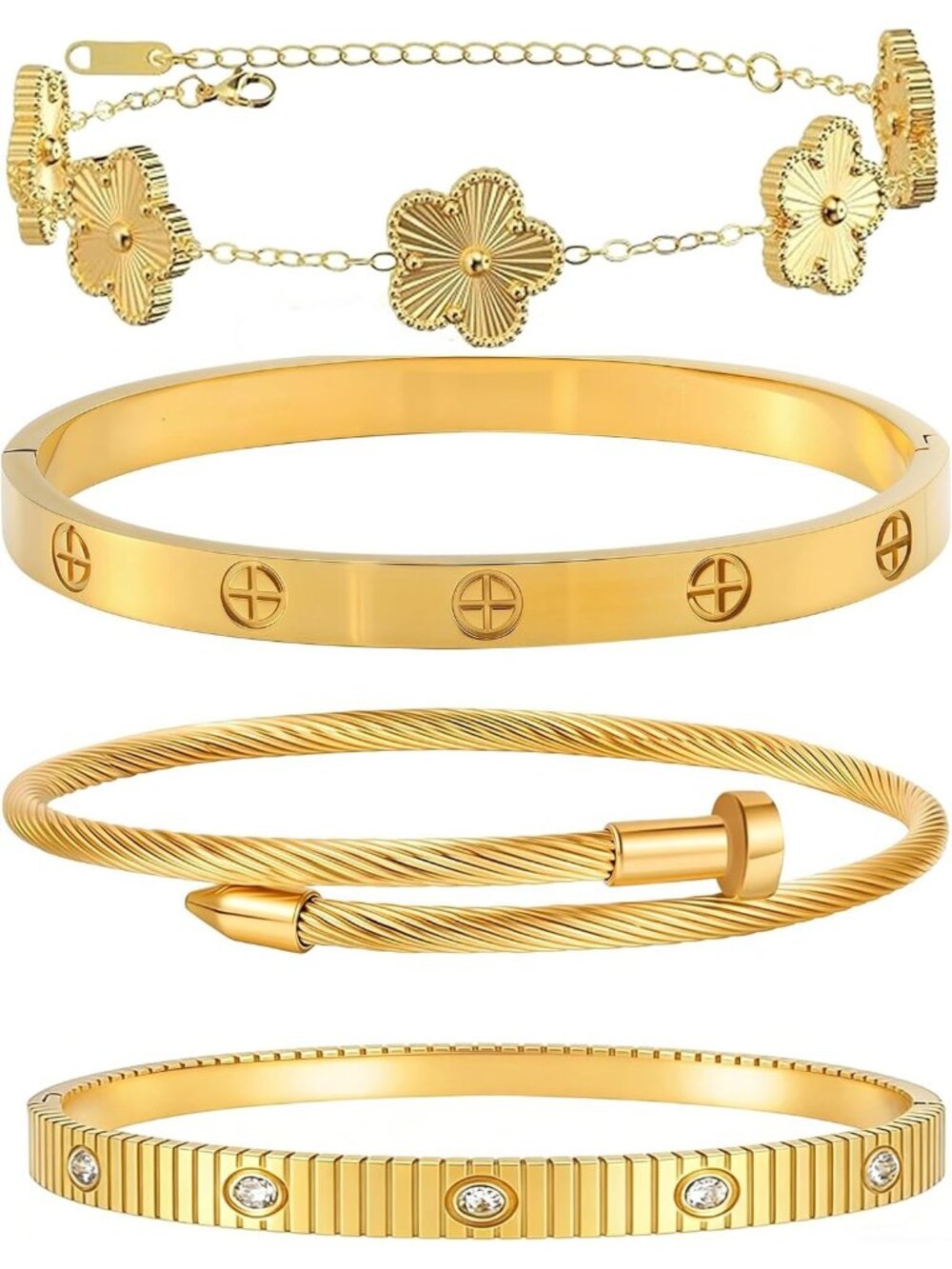 Women's Yellow Set 4pc 18 Gold Floral Stackable Stainless Steel Bangle Bracelets